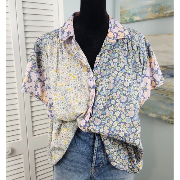 American Eagle Floral Patchwork Shirt Small Oversized 100% Cotton Button-Up - Picture 1 of 8